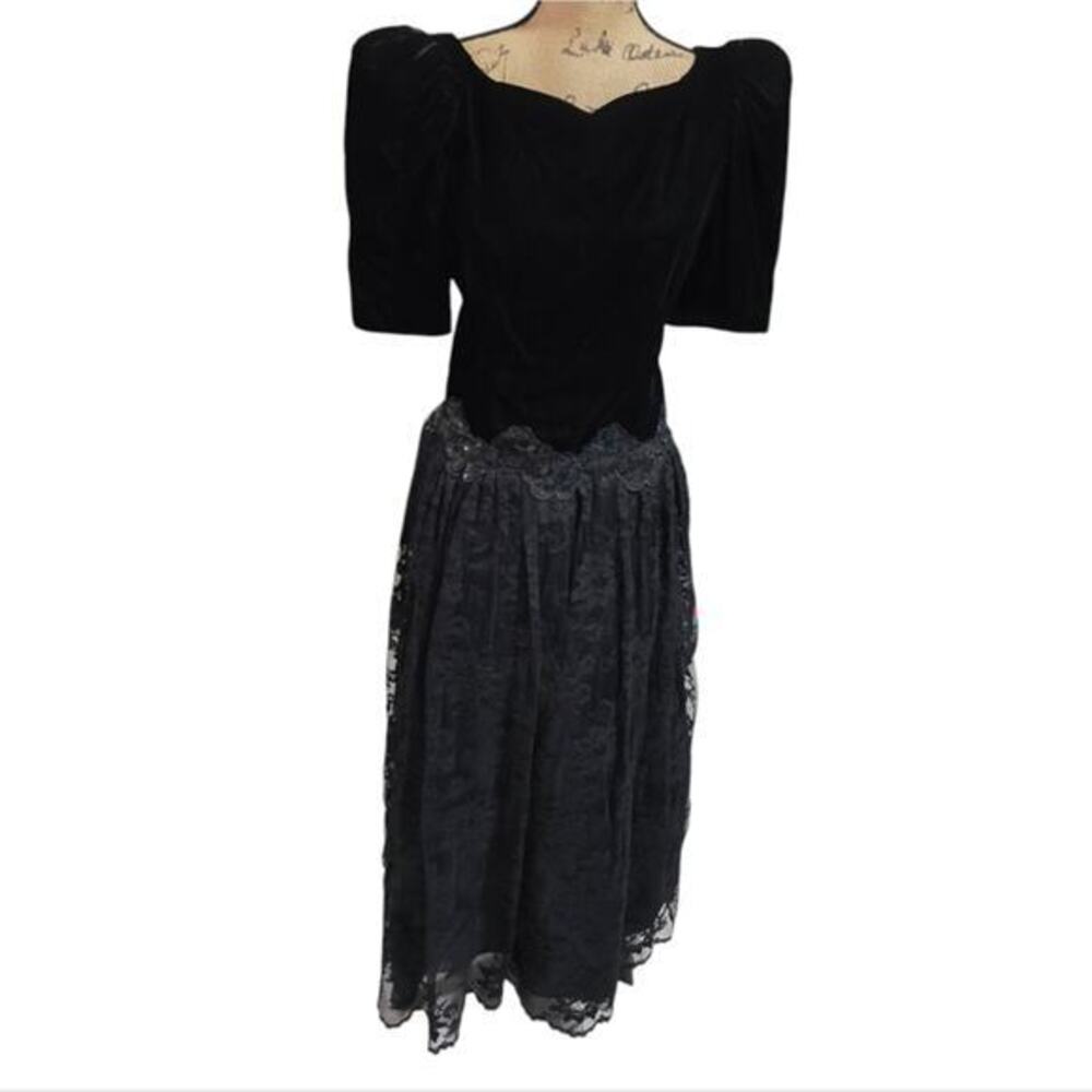 Scott McClintock Vintage Elegant Black Velvet and Lace 80s Midi Maxi Dress Sz S